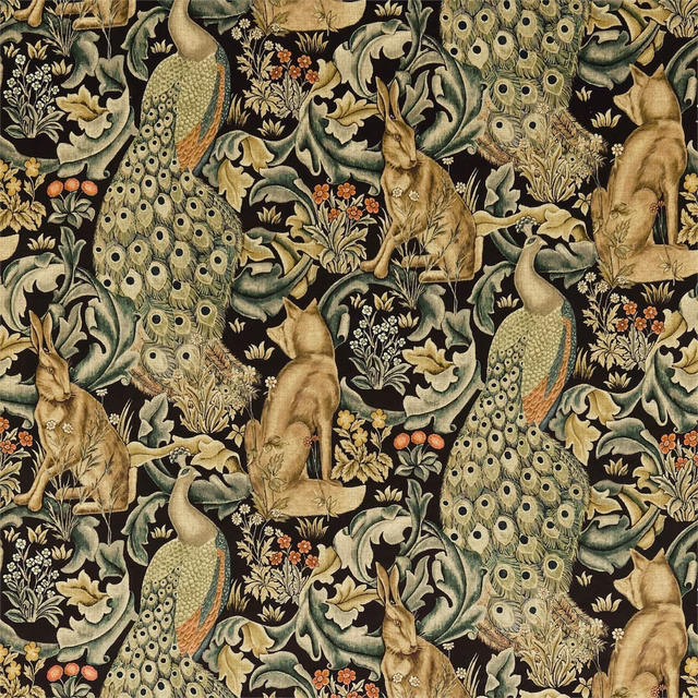 Charcoal velvet with sage peacocks, golden rabbits and dense scrolling foliage