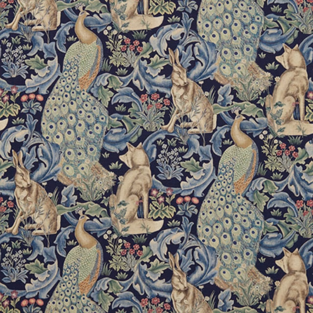 Indigo fabric with peacocks, rabbits, curling foliage and pale sage feather details