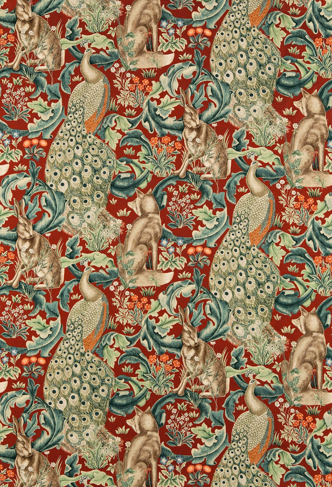 Deep red fabric with sage peacocks, rabbits, cream feather eyes and curling foliage