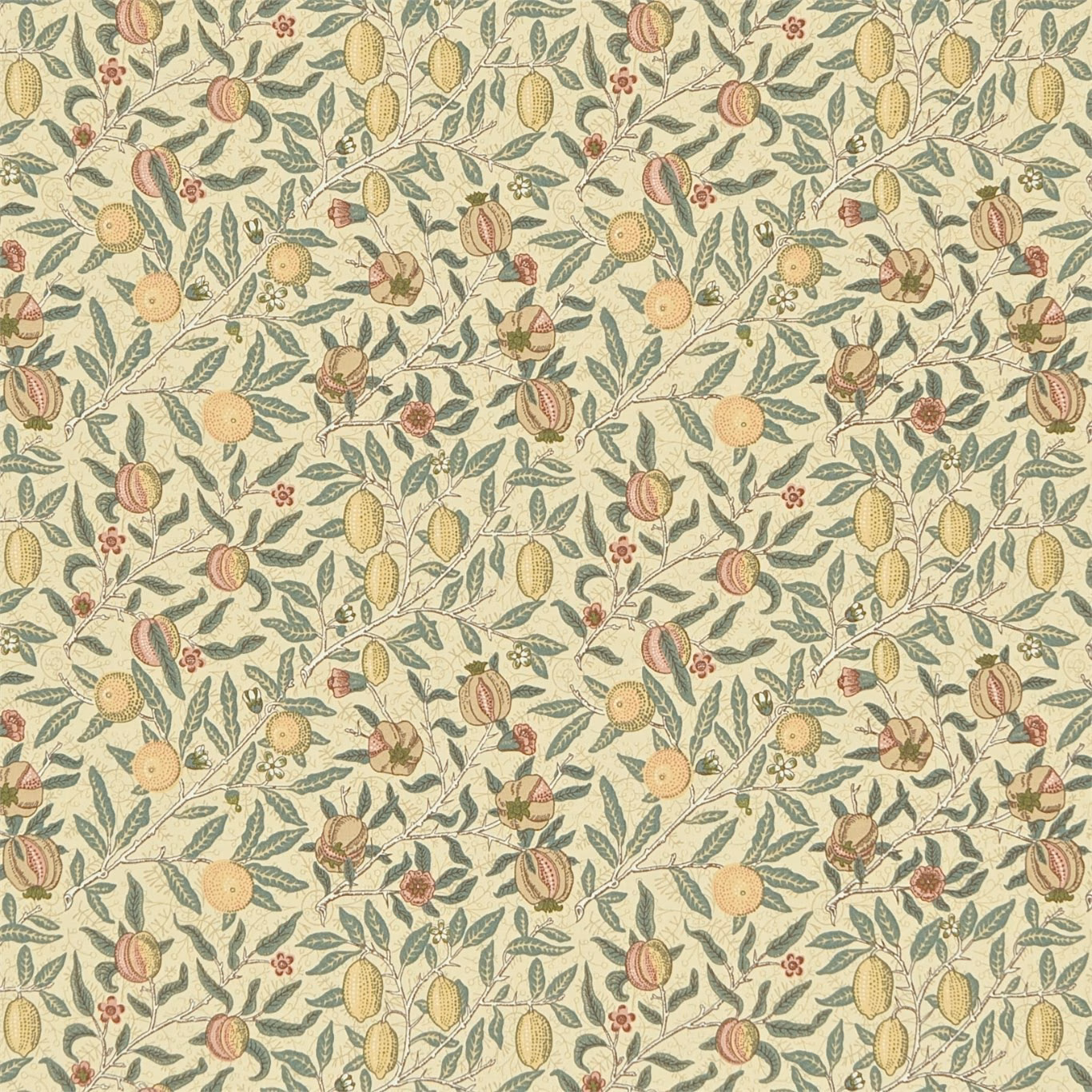 Ivory textile with teal foliage, ochre fruits and muted coral pomegranates