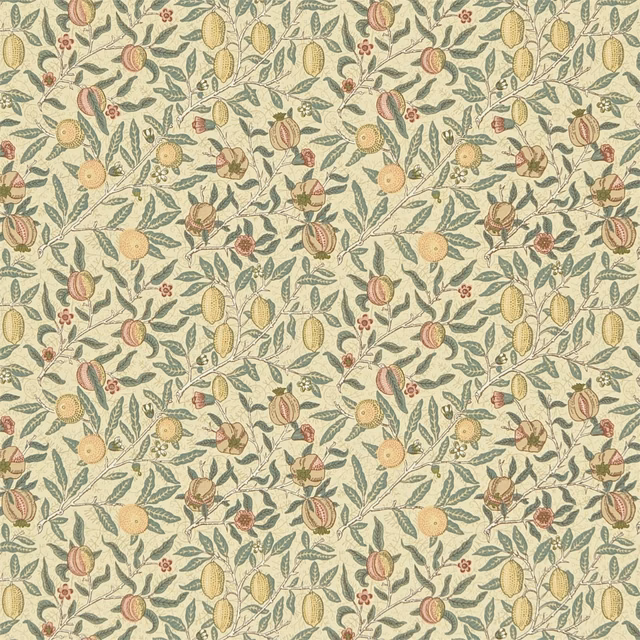 Ivory textile with teal foliage, ochre fruits and muted coral pomegranates
