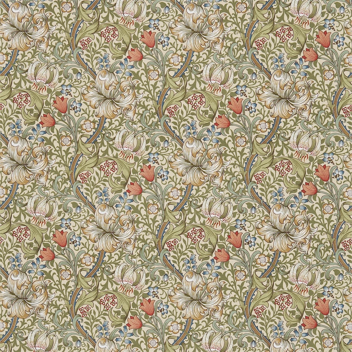 Sage floral fabric with gold lilies, coral blossoms and curling blue-green stems