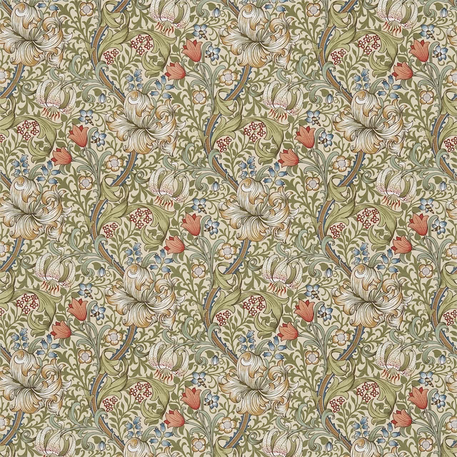 Sage floral fabric with gold lilies, coral blossoms and curling blue-green stems