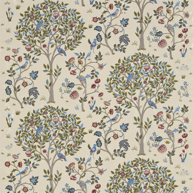 Cream fabric with olive trees, woad-blue leaves and scattered rose botanicals