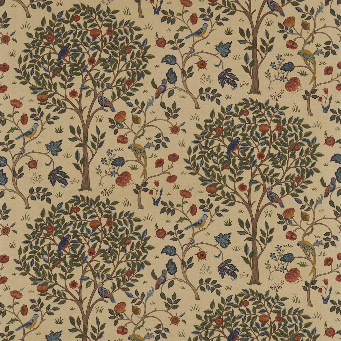Warm gold fabric with olive trees, blue birds and russet flowers