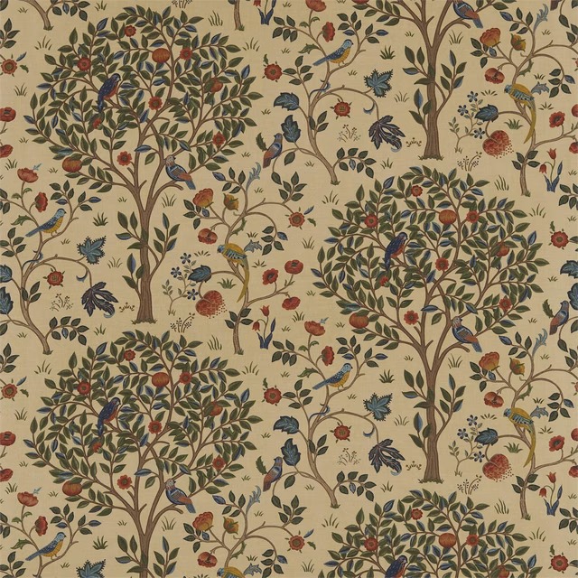 Warm gold fabric with olive trees, blue birds and russet flowers