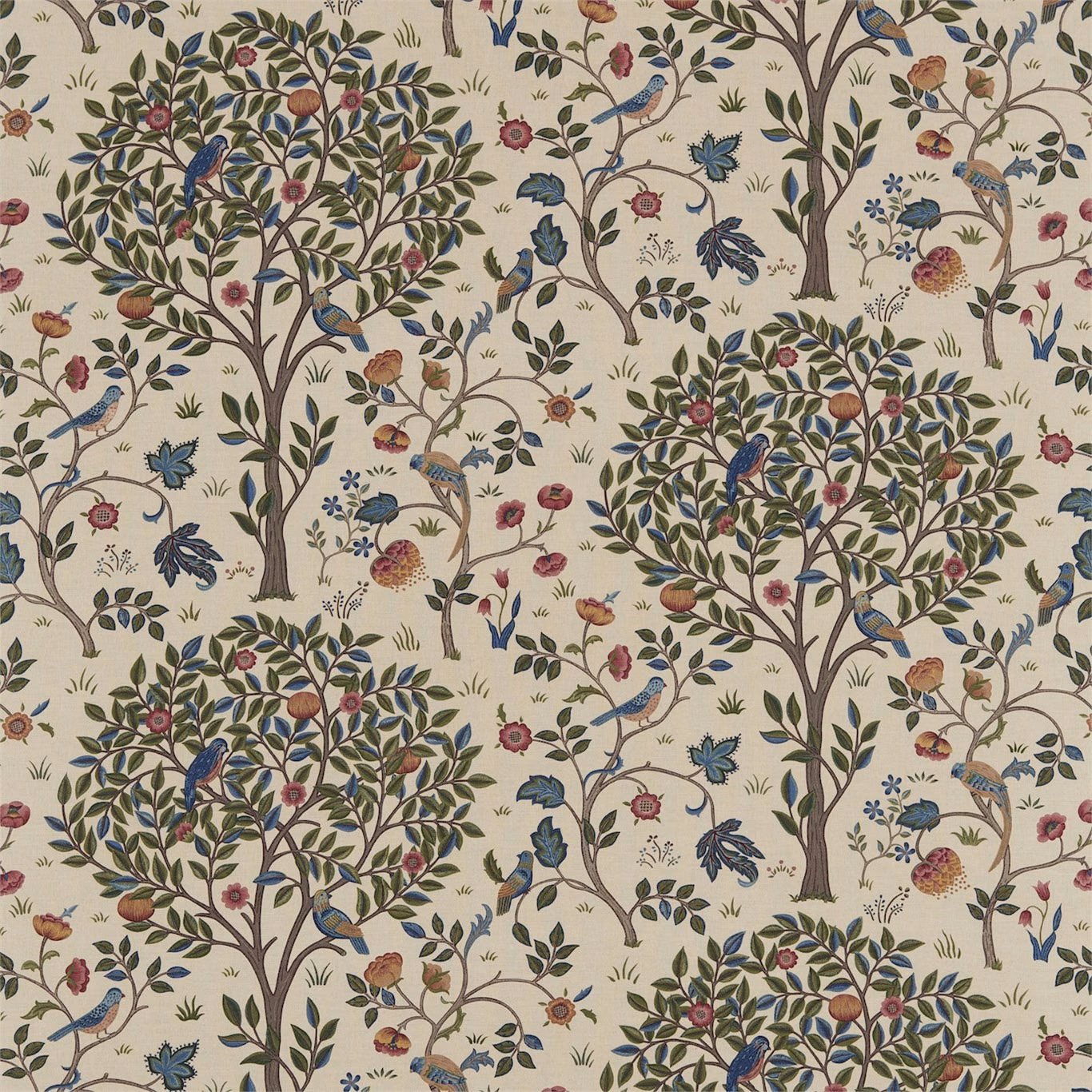 Cream fabric with woad-blue birds, wine flowers and intricate branching tree motifs