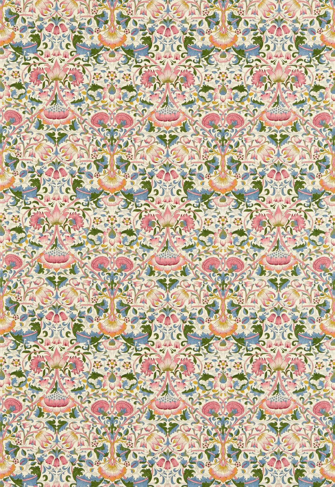 Blush, sage, blue and ochre botanical repeat on a pale ground