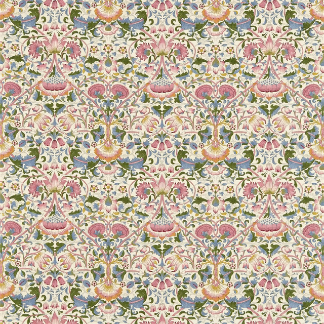Blush, sage, blue and ochre botanical repeat on a pale ground