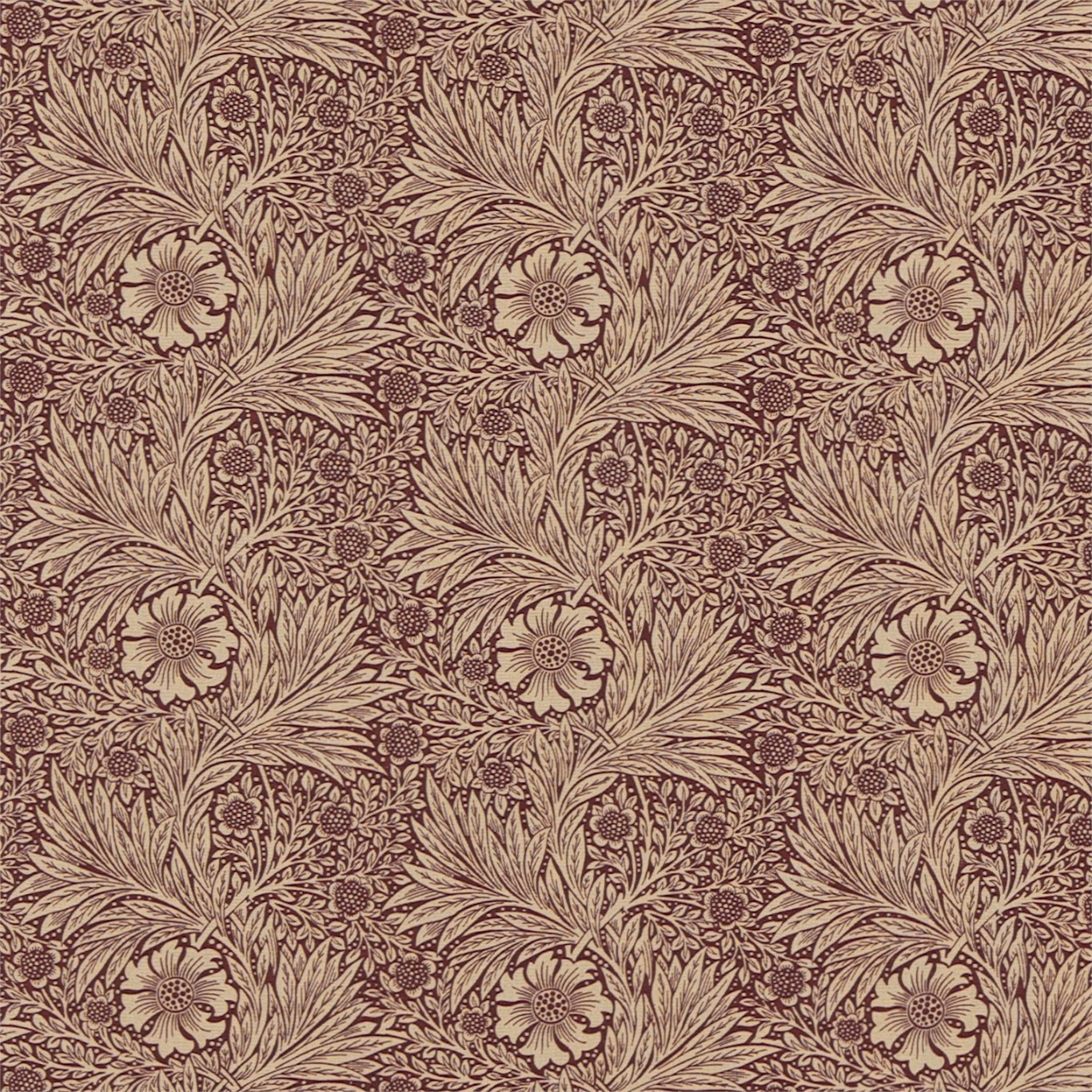 Dense floral foliage in marigold and brick on a warm manilla fabric ground