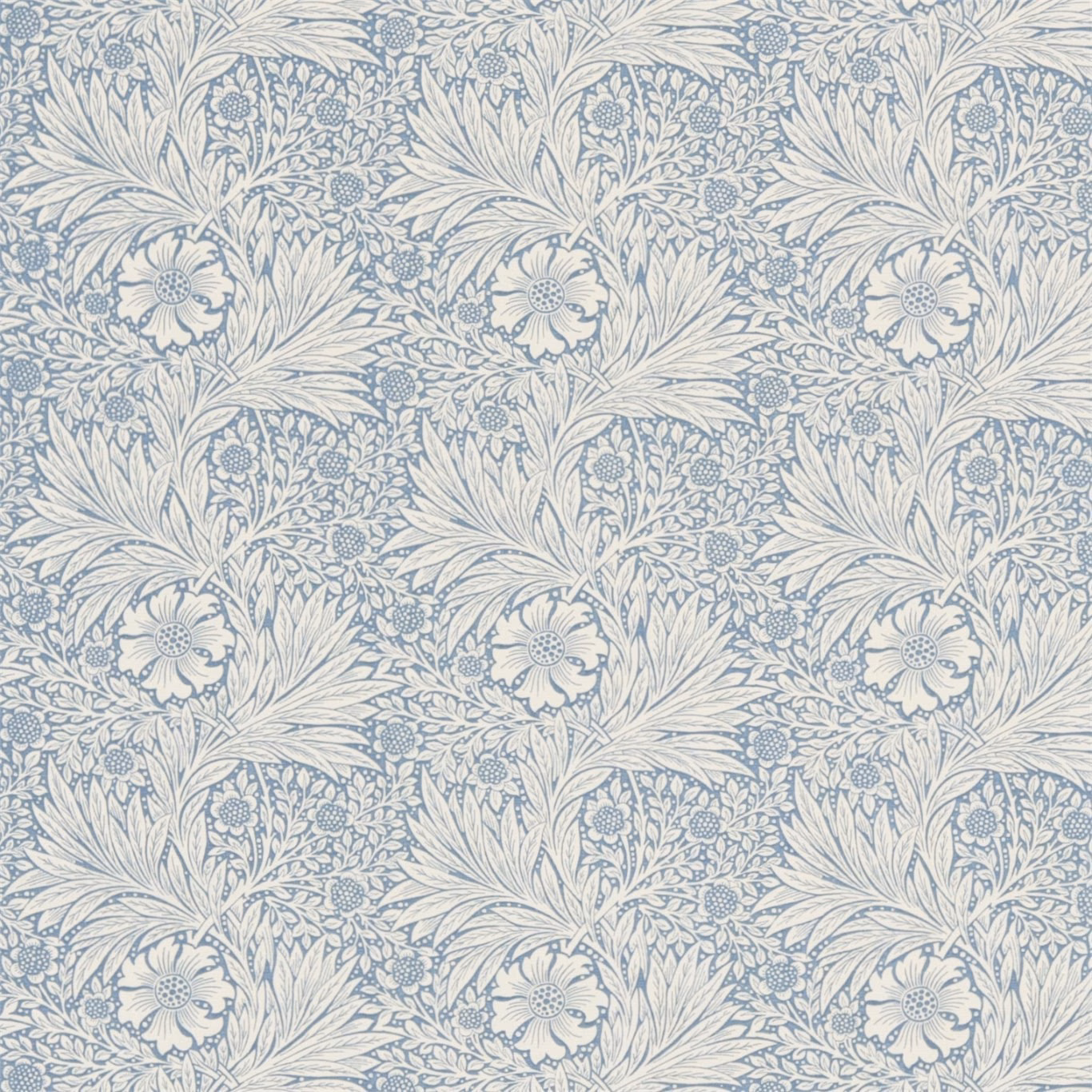 Muted China blue botanical sprays with feathery leaves and flowers on an ivory ground