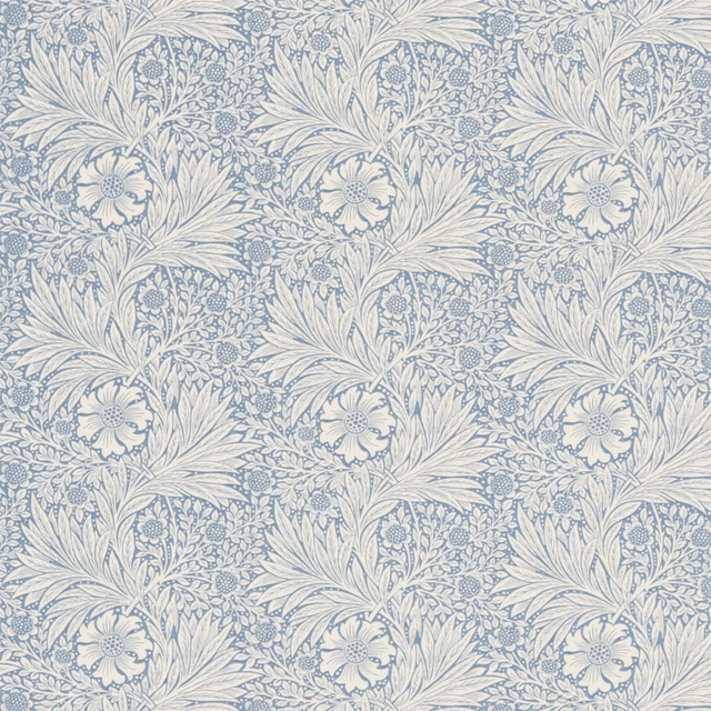 Muted China blue botanical sprays with feathery leaves and flowers on an ivory ground
