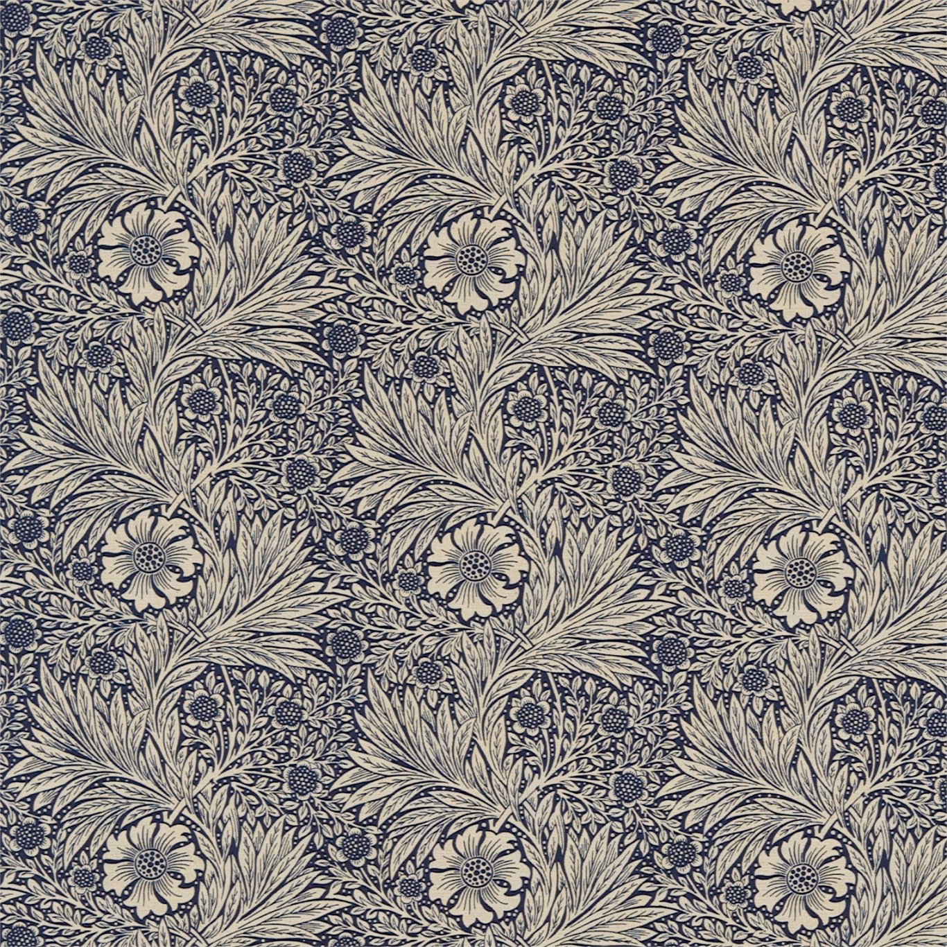 Indigo botanical flowers and sweeping leaves on a warm linen ground