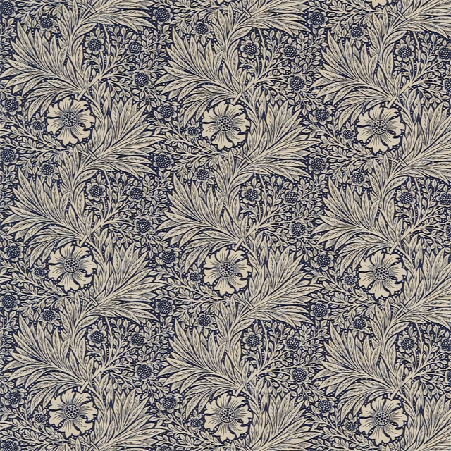 Indigo botanical flowers and sweeping leaves on a warm linen ground