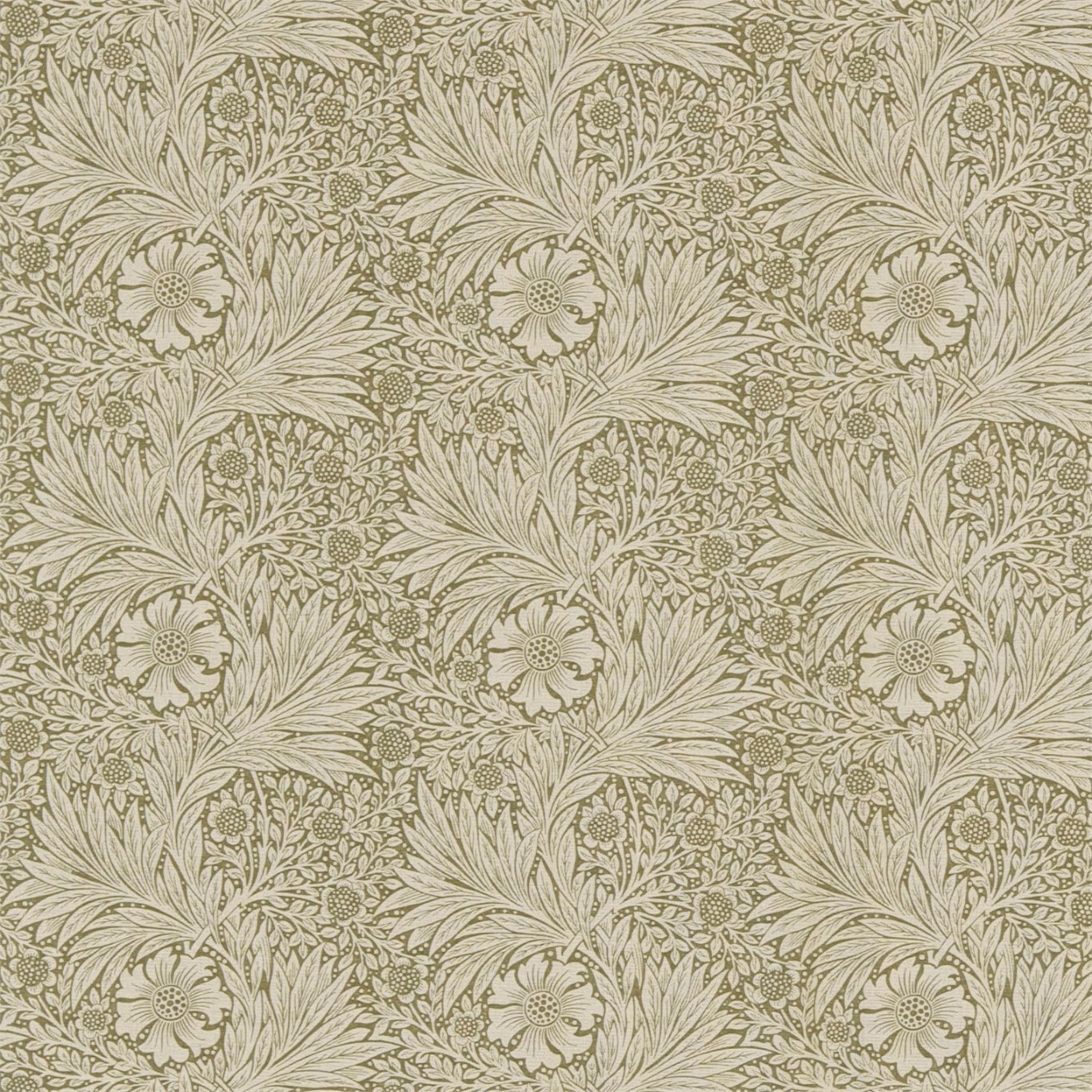 Muted olive and linen botanical fabric with feathery leaves, berries and flowers