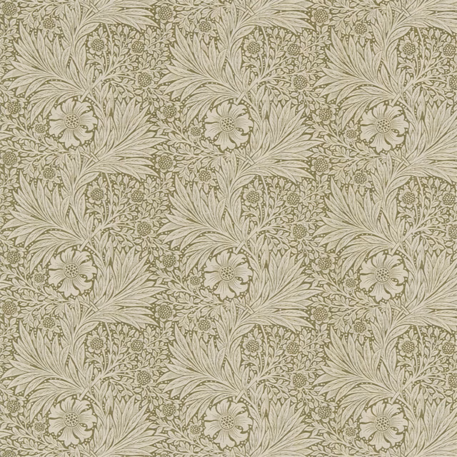 Muted olive and linen botanical fabric with feathery leaves, berries and flowers