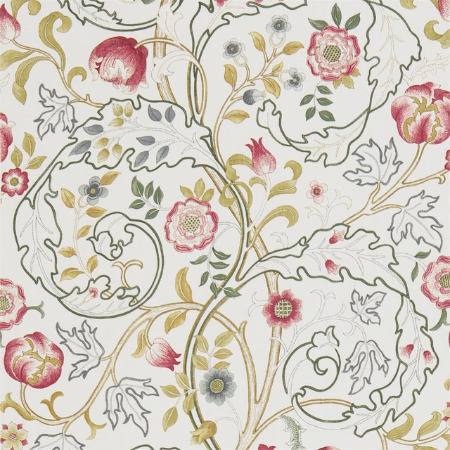 Muted rose and ivory floral fabric with sage leaves, ochre stems and grey outlines