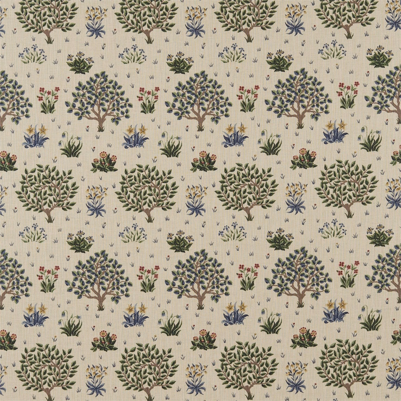 Oatmeal botanical fabric with olive trees, indigo flowers and rust-red floral accents