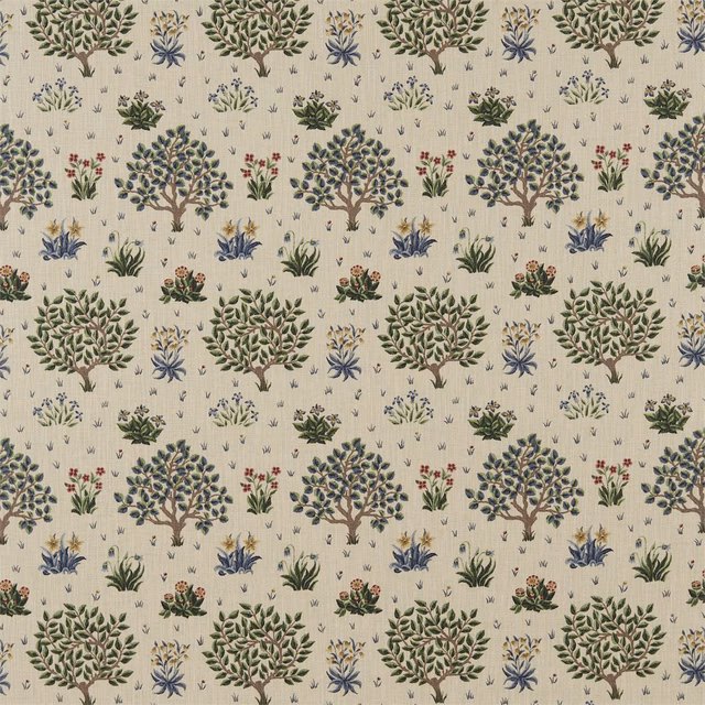 Oatmeal botanical fabric with olive trees, indigo flowers and rust-red floral accents