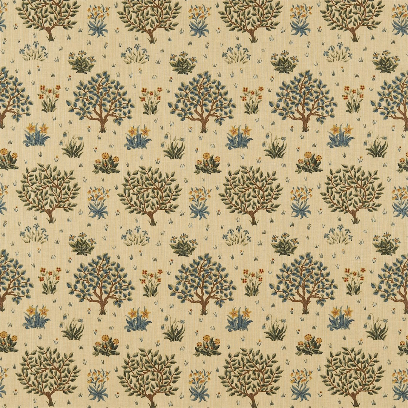 Olive and muted gold textile with repeating trees, flowers and fine woven texture