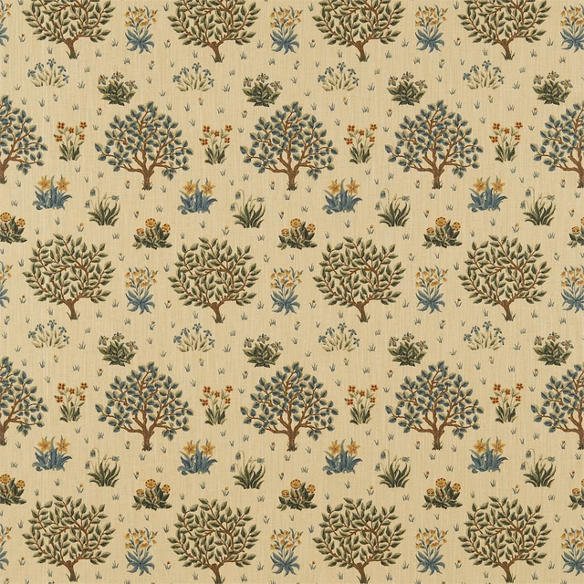 Olive and muted gold textile with repeating trees, flowers and fine woven texture