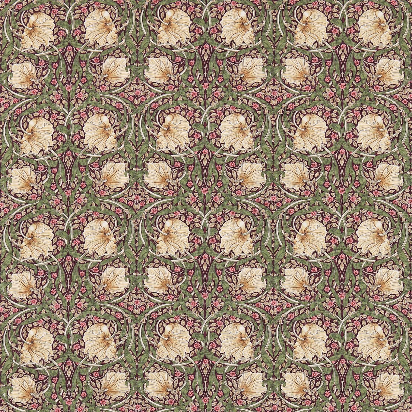 Olive floral fabric with cream blooms, aubergine stems and dense scrolling foliage