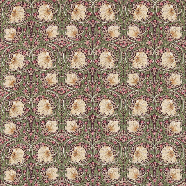 Olive floral fabric with cream blooms, aubergine stems and dense scrolling foliage