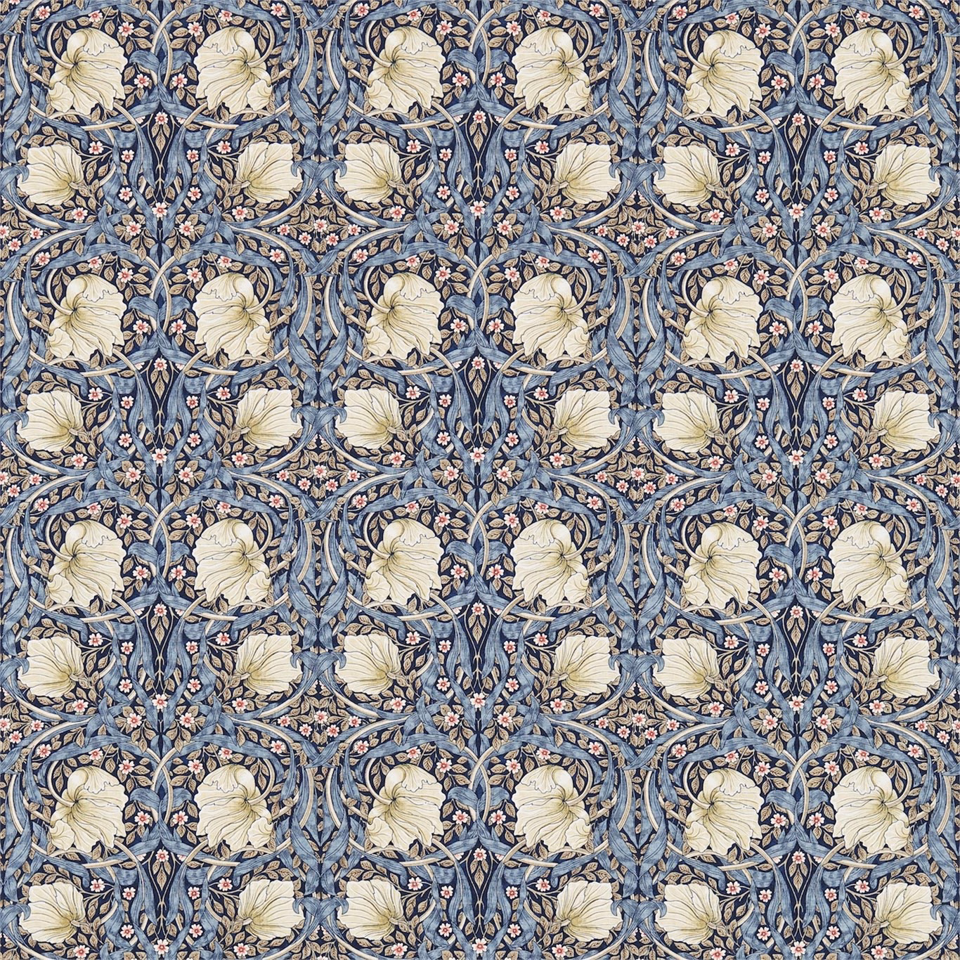 Muted indigo floral fabric with cream flowers, blue foliage and pink buds