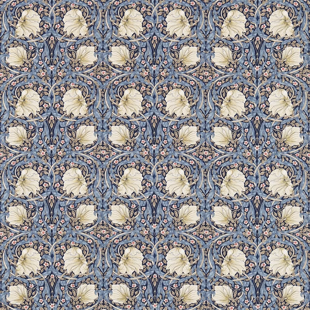 Muted indigo floral fabric with cream flowers, blue foliage and pink buds