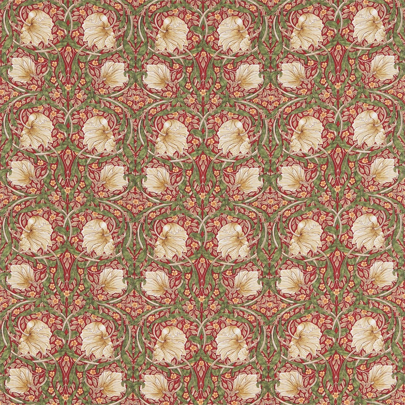 Red and thyme-green floral fabric with cream flowers and curling vines