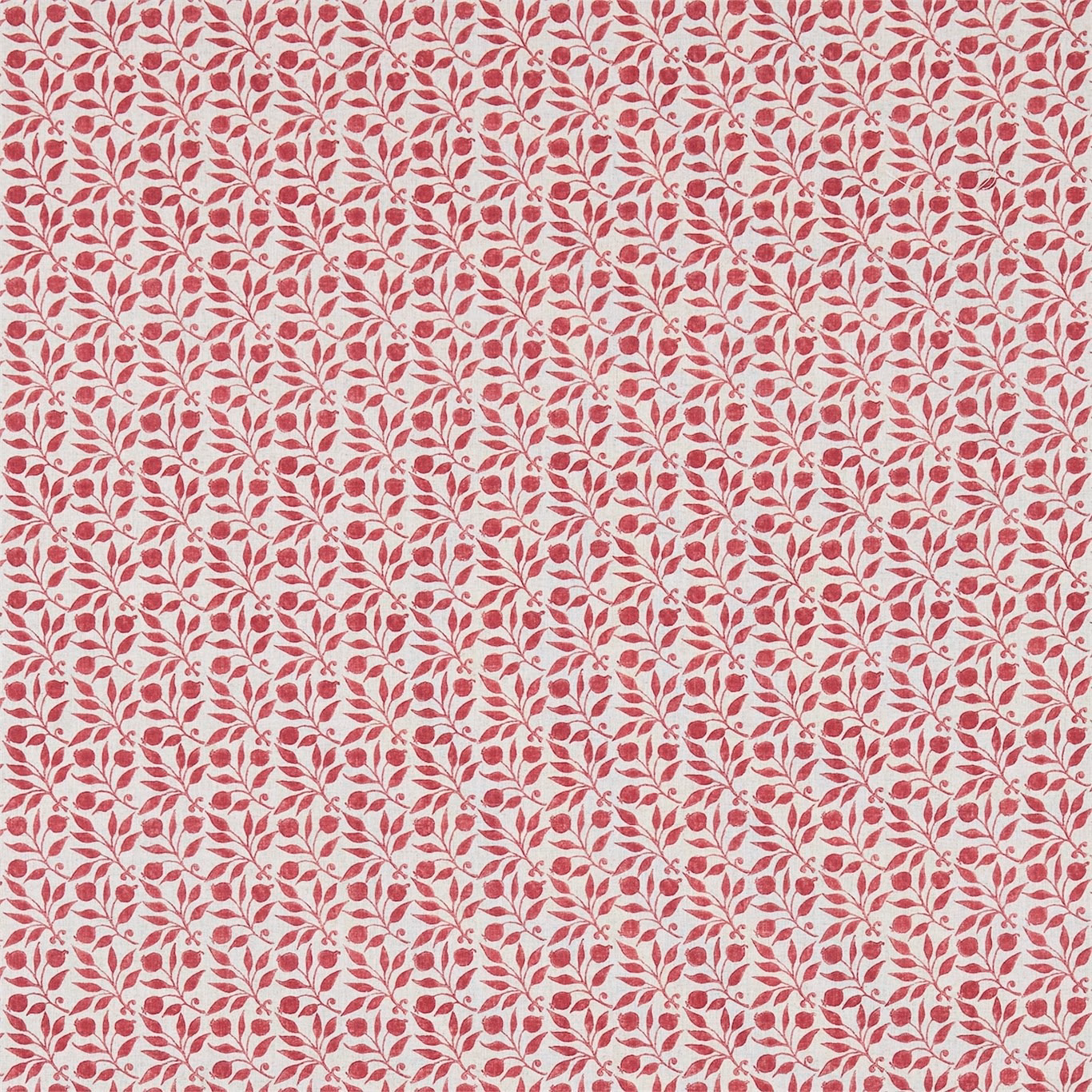 Cream fabric with repeating dusky rose-red leafy vines and a fine woven texture