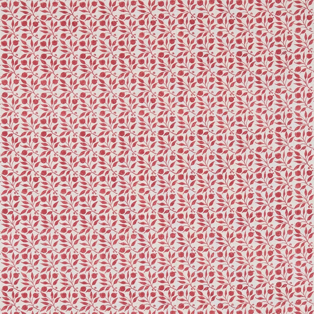 Cream fabric with repeating dusky rose-red leafy vines and a fine woven texture