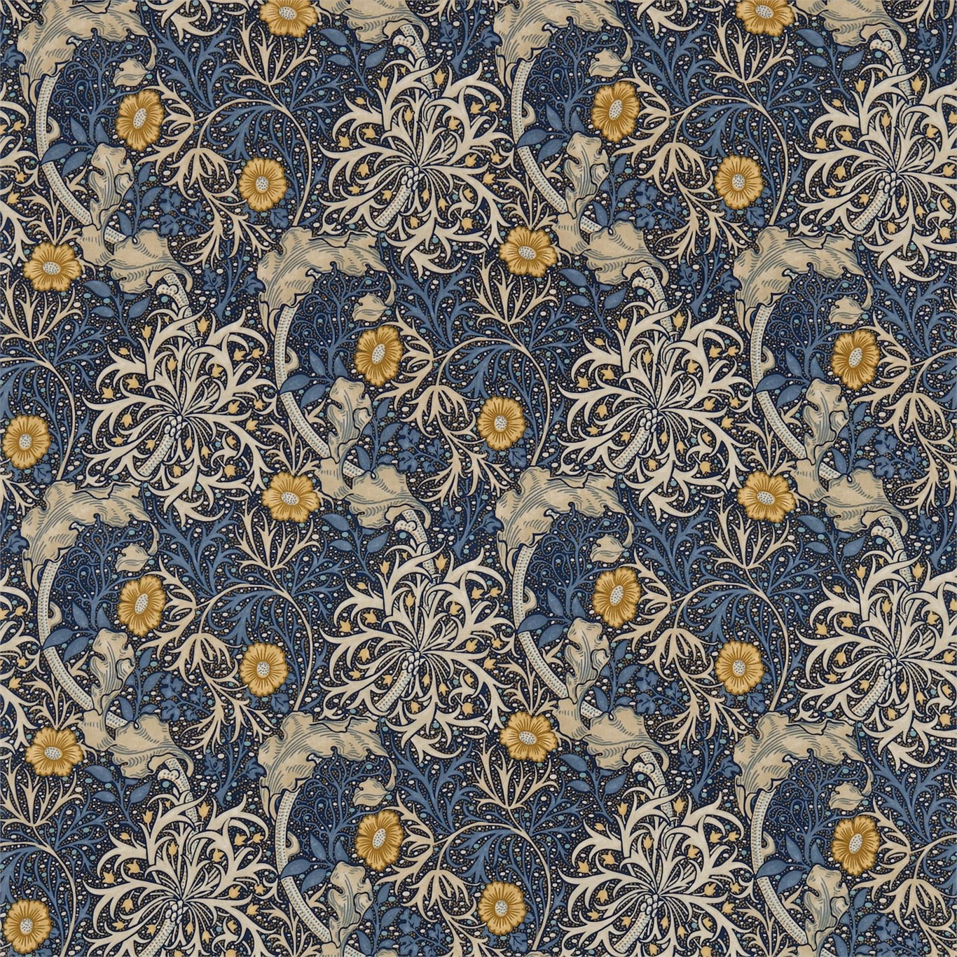 Deep woad and seaweed botanical repeat with ochre flowers and cream rosettes