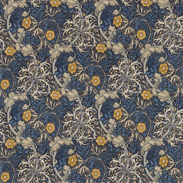 Deep woad and seaweed botanical repeat with ochre flowers and cream rosettes