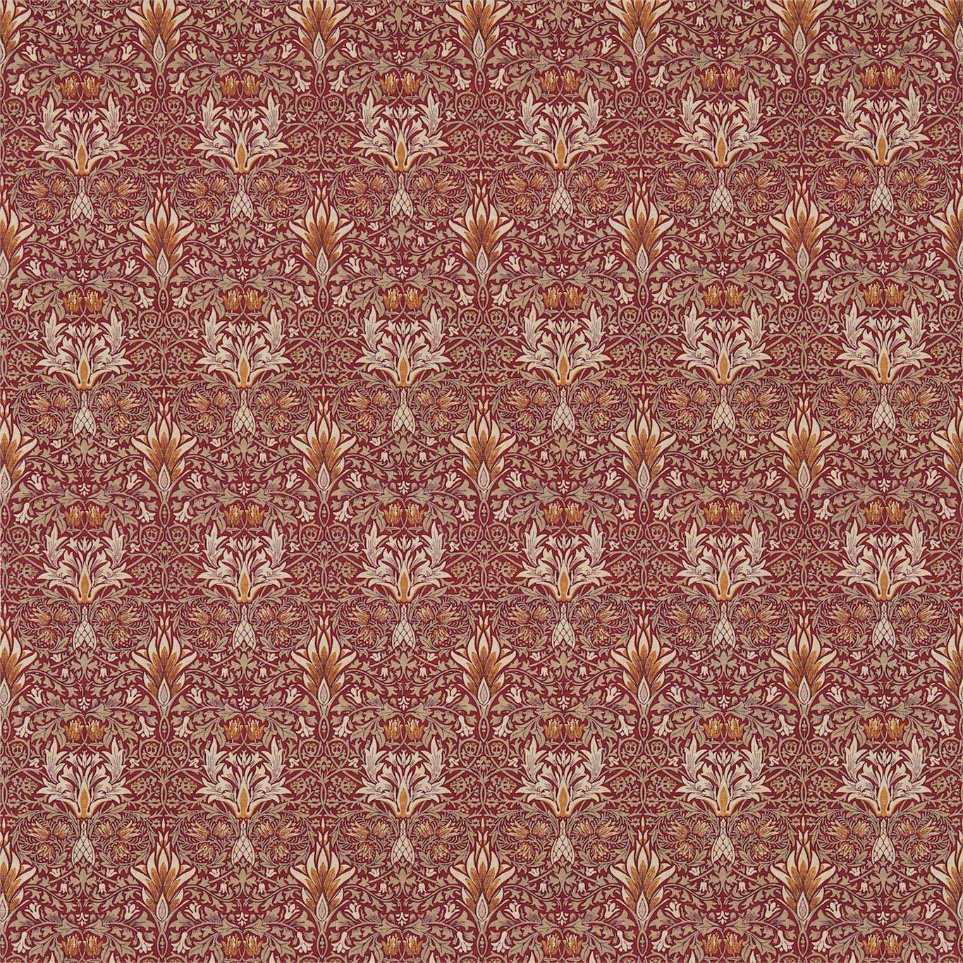 Dense claret floral repeat with curling stems and antique-gold leaf motifs