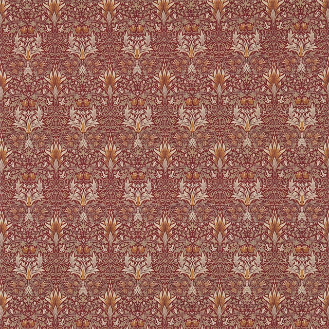 Dense claret floral repeat with curling stems and antique-gold leaf motifs