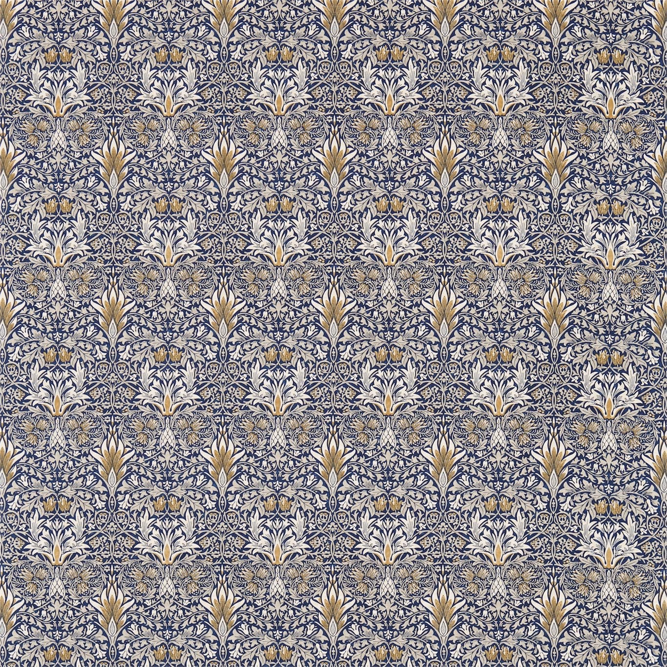 Indigo botanical fabric with pale hemp foliage, scrolling vines and muted gold leaf details