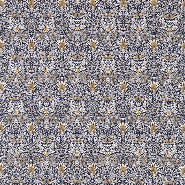 Indigo botanical fabric with pale hemp foliage, scrolling vines and muted gold leaf details