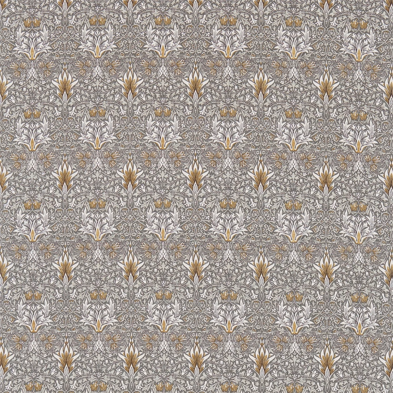 Pewter-grey Snakeshead vines with warm gold buds and pale flowers
