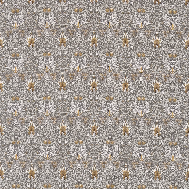 Pewter-grey Snakeshead vines with warm gold buds and pale flowers