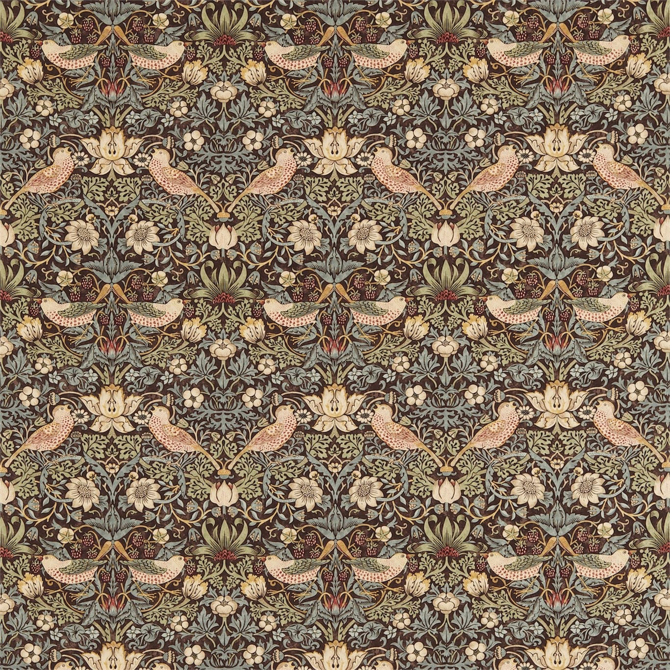 Chocolate fabric with slate foliage, paired pink birds, cream flowers and dense scrolling leaves