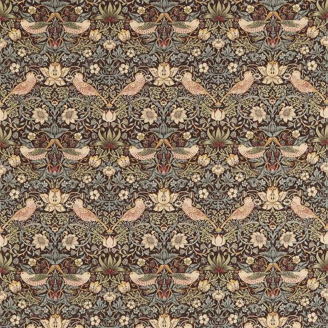 Chocolate fabric with slate foliage, paired pink birds, cream flowers and dense scrolling leaves
