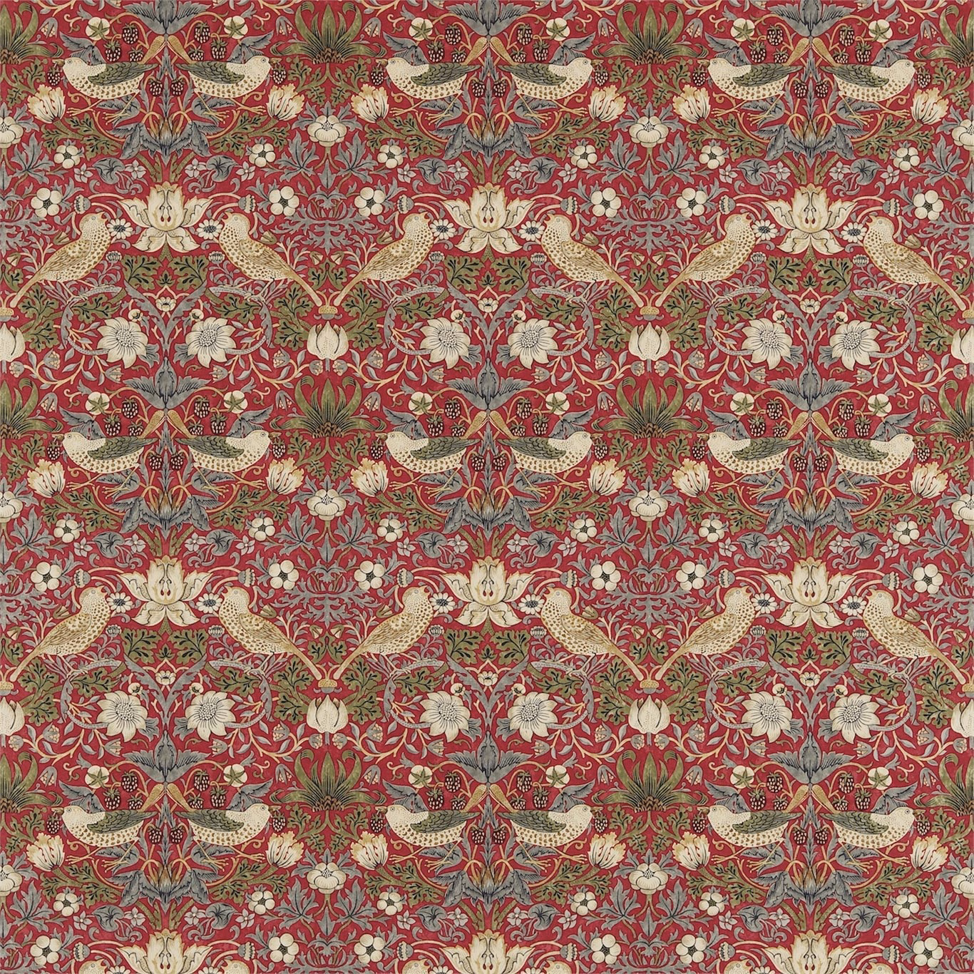 Crimson botanical fabric with slate birds, cream flowers and olive foliage