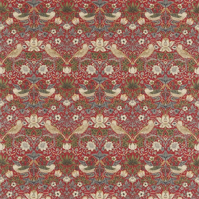 Crimson botanical fabric with slate birds, cream flowers and olive foliage