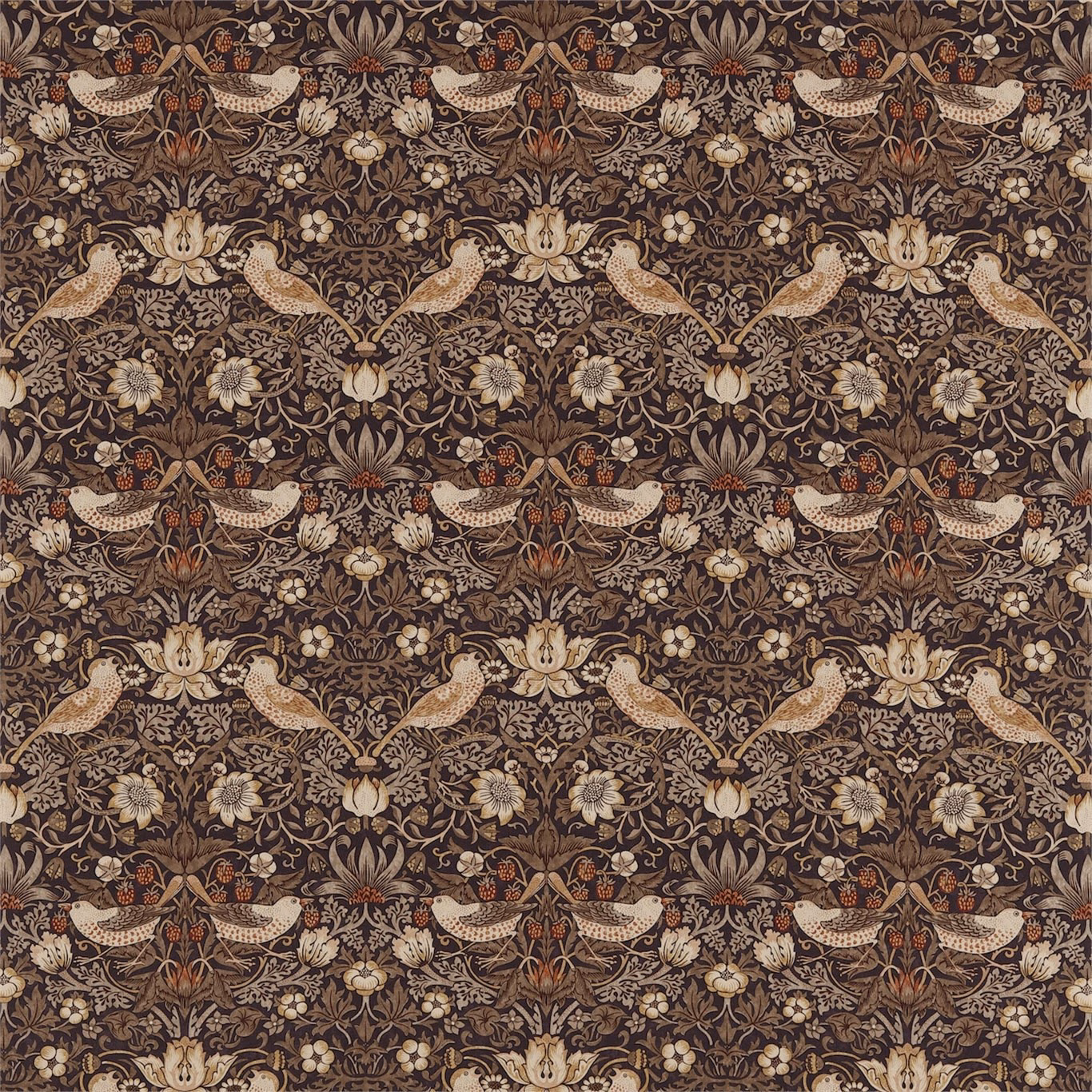 Dark grape-brown Morris pattern with gold birds, cream flowers and fine scrolling vines