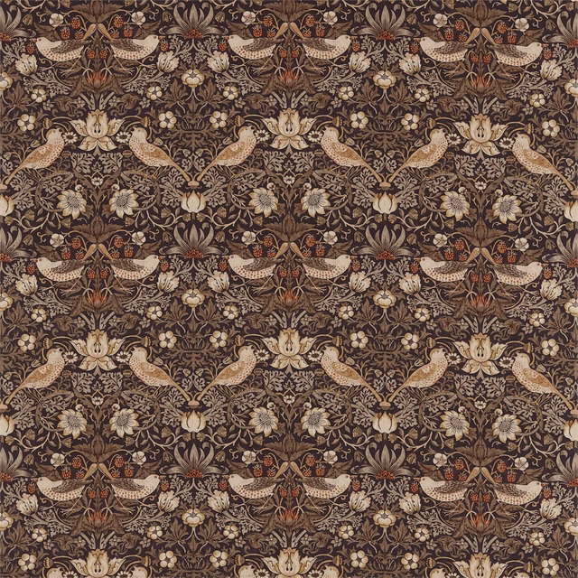 Dark grape-brown Morris pattern with gold birds, cream flowers and fine scrolling vines