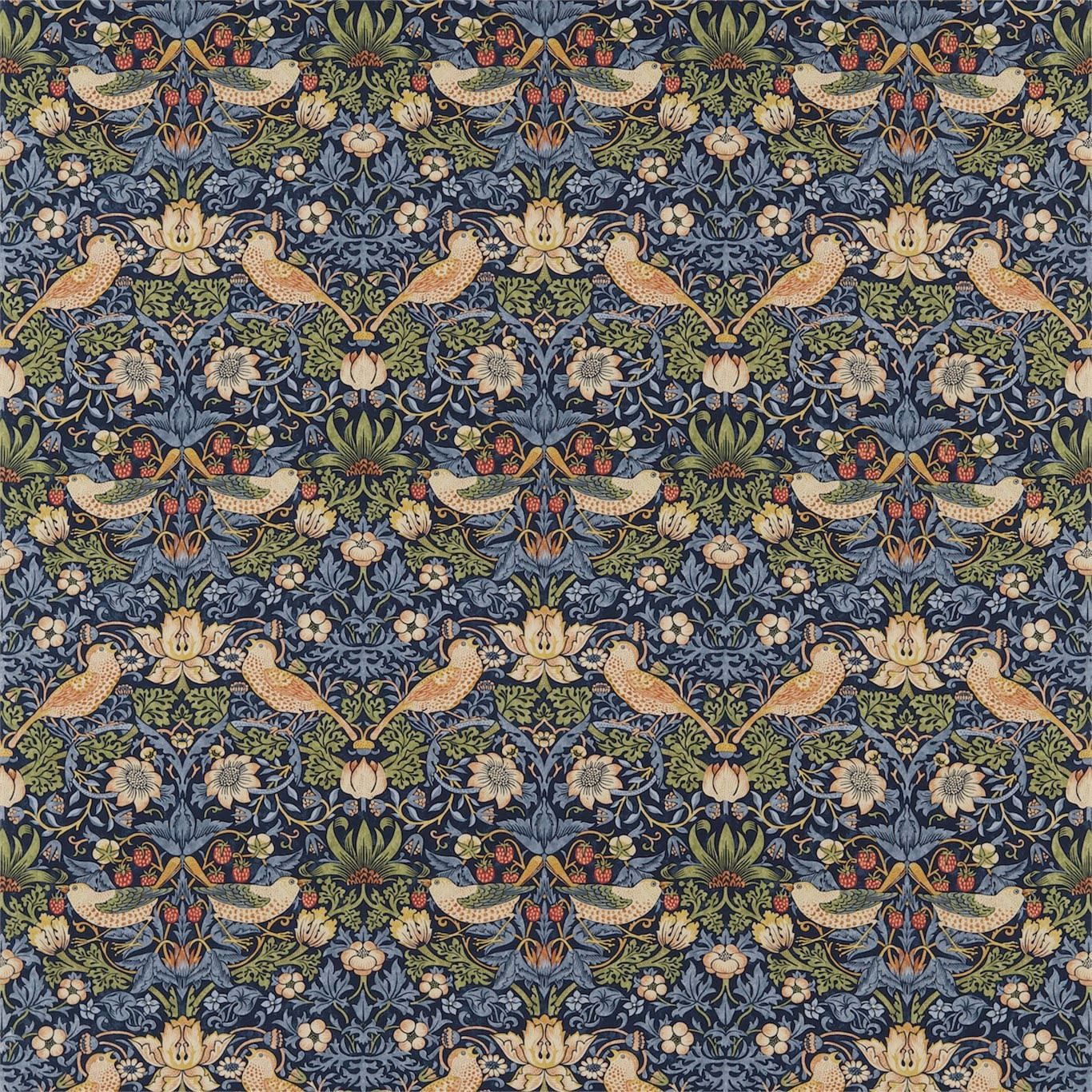 Indigo fabric with mineral-blue birds, flowers and dense scrolling foliage
