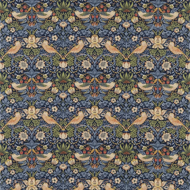 Indigo fabric with mineral-blue birds, flowers and dense scrolling foliage