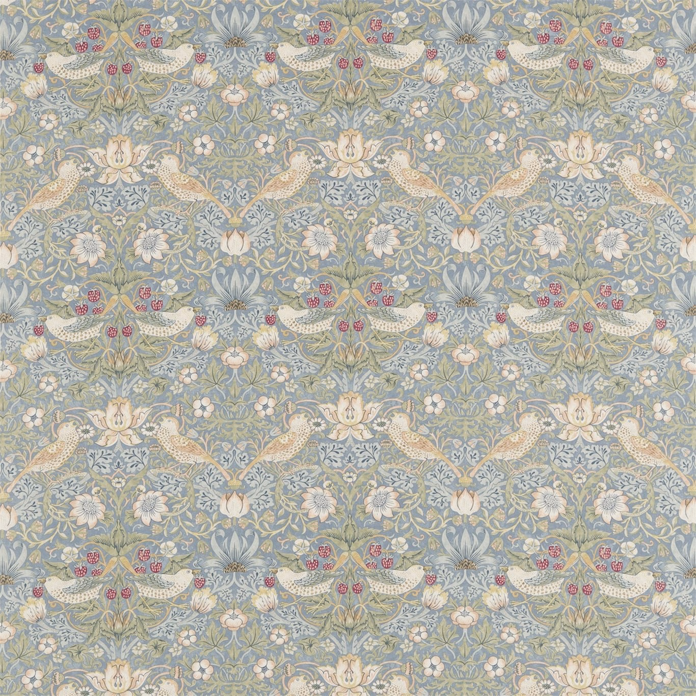 Slate-blue Strawberry Thief fabric with vellum birds, sage foliage and muted red berries