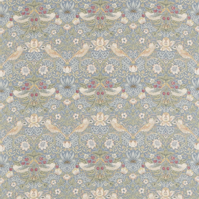 Slate-blue Strawberry Thief fabric with vellum birds, sage foliage and muted red berries